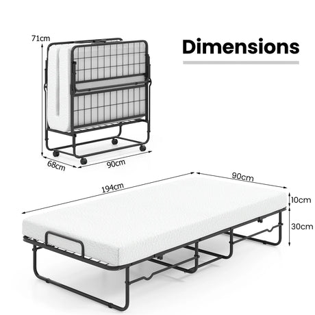 Folding Bed 190x90cm with Mattress Single Extra Bed with Memory Foam Metal Frame Lockable Caster Bed