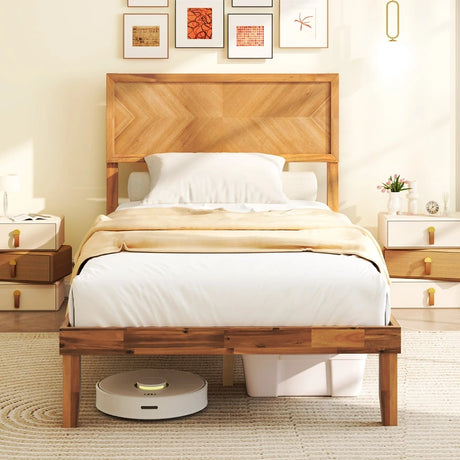 Single/King Size Mid-Century Acacia Wood Bed Frame with Headboard-Single Size