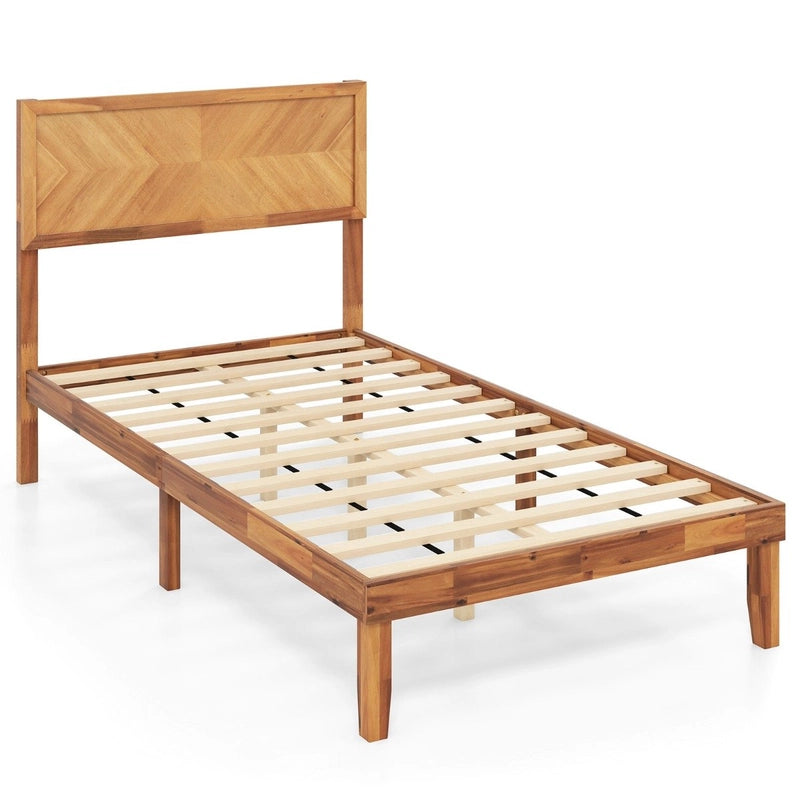 Single/King Size Mid-Century Acacia Wood Bed Frame with Headboard-Single Size