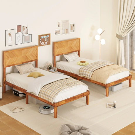 Single/King Size Mid-Century Acacia Wood Bed Frame with Headboard-Single Size
