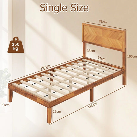 Single/King Size Mid-Century Acacia Wood Bed Frame with Headboard-Single Size