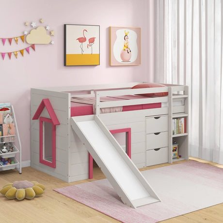 Single Size Pine Wood Loft Bed with Slide and Ladder and Game House-Pink