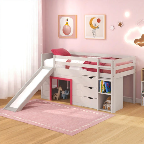 Single Size Pine Wood Loft Bed with Slide and Ladder and Game House-Pink