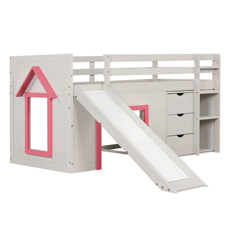 Single Size Pine Wood Loft Bed with Slide and Ladder and Game House-Pink