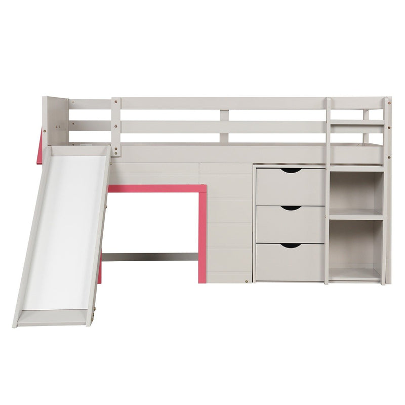 Single Size Pine Wood Loft Bed with Slide and Ladder and Game House-Pink