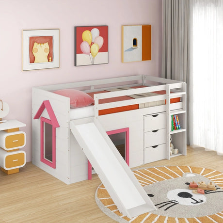 Single Size Pine Wood Loft Bed with Slide and Ladder and Game House-Pink