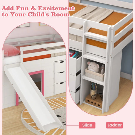 Single Size Pine Wood Loft Bed with Slide and Ladder and Game House-Pink