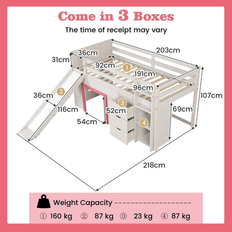 Single Size Pine Wood Loft Bed with Slide and Ladder and Game House-Pink