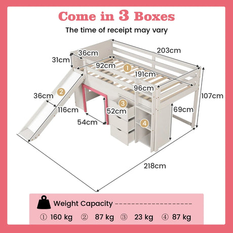 Single Size Pine Wood Loft Bed with Slide and Ladder and Game House-Pink