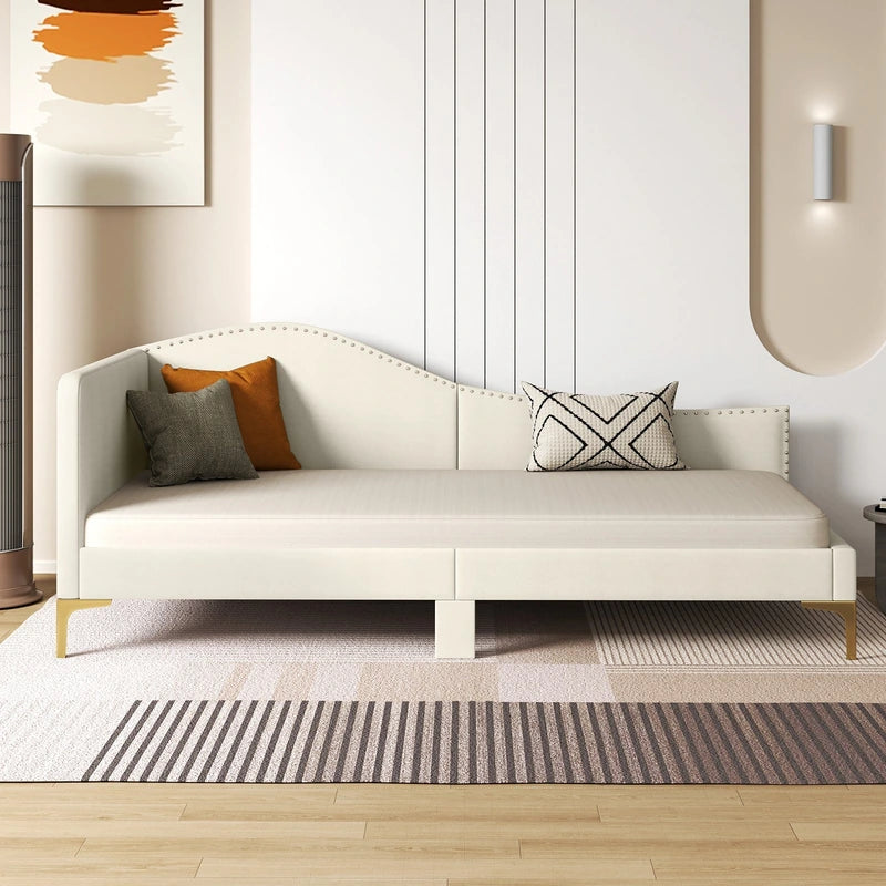 Single Size Upholstered Daybed Rivet-Tufted Platform Bed with Metal Legs-Beige