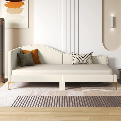 Single Size Upholstered Daybed Rivet-Tufted Platform Bed with Metal Legs-Beige