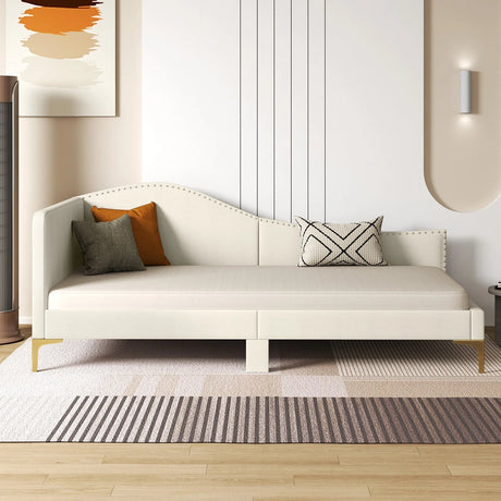 Single Size Upholstered Daybed Rivet-Tufted Platform Bed with Metal Legs-Beige