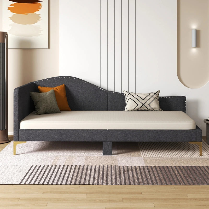 Single Size Upholstered Daybed Rivet-Tufted Platform Bed with Metal Legs-Grey