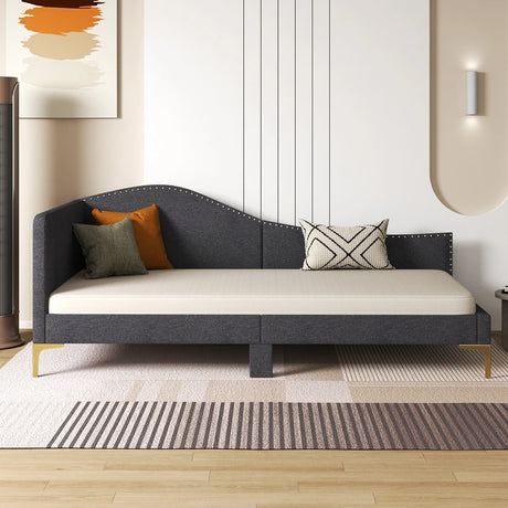 Single Size Upholstered Daybed Rivet-Tufted Platform Bed with Metal Legs-Grey