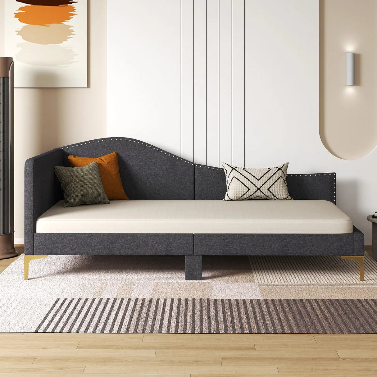Single Size Upholstered Daybed Rivet-Tufted Platform Bed with Metal Legs-Grey