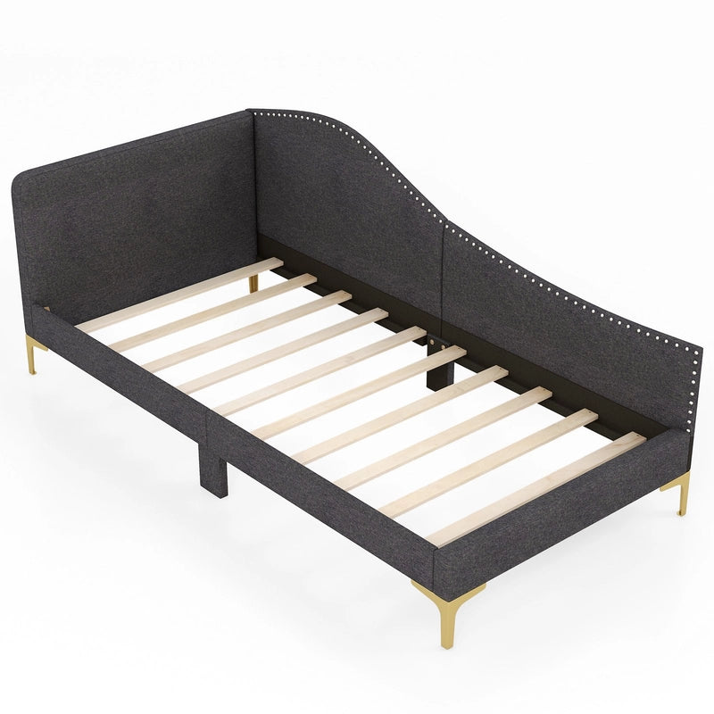 Single Size Upholstered Daybed Rivet-Tufted Platform Bed with Metal Legs-Grey