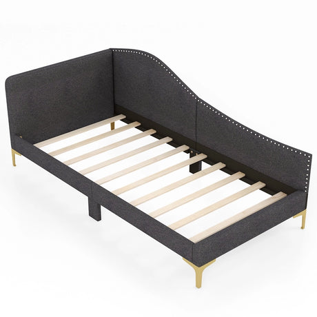 Single Size Upholstered Daybed Rivet-Tufted Platform Bed with Metal Legs-Grey