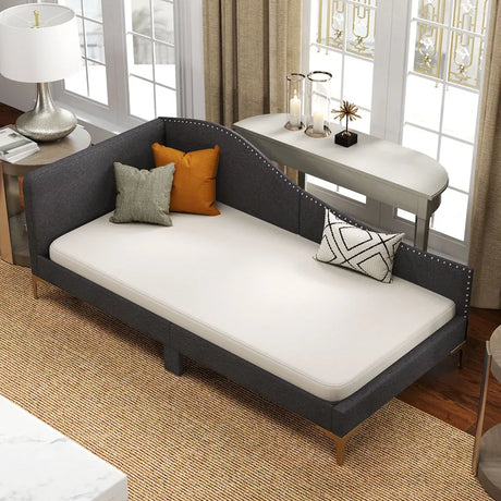 Single Size Upholstered Daybed Rivet-Tufted Platform Bed with Metal Legs-Grey