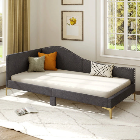 Single Size Upholstered Daybed Rivet-Tufted Platform Bed with Metal Legs-Grey