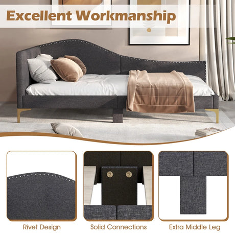 Single Size Upholstered Daybed Rivet-Tufted Platform Bed with Metal Legs-Grey