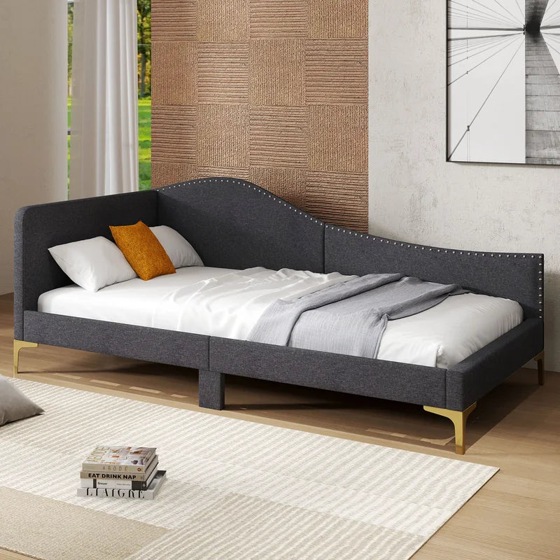 Single Size Upholstered Daybed Rivet-Tufted Platform Bed with Metal Legs-Grey