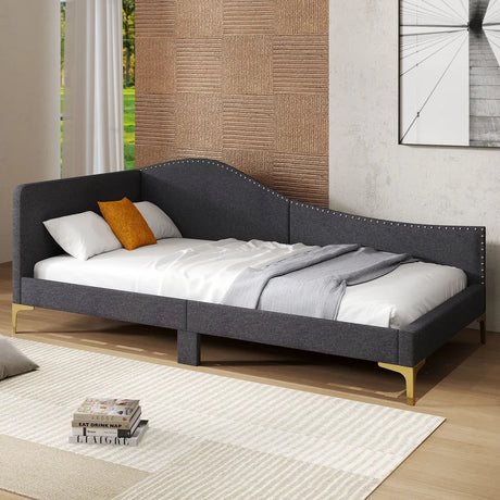 Single Size Upholstered Daybed Rivet-Tufted Platform Bed with Metal Legs-Grey