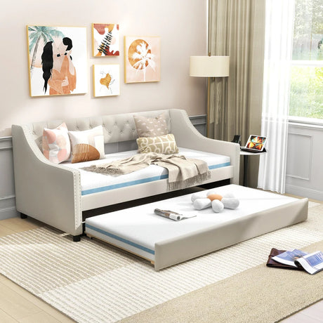 Single Size Trundle Bed Linen Upholstered Daybed with Backrest-Beige