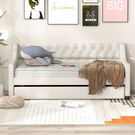 Single Size Trundle Bed Linen Upholstered Daybed with Backrest-Beige