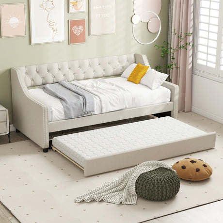 Single Size Trundle Bed Linen Upholstered Daybed with Backrest-Beige