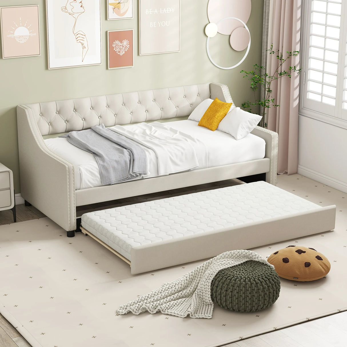 Single Size Trundle Bed Linen Upholstered Daybed with Backrest-Beige