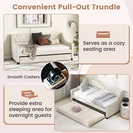 Single Size Trundle Bed Linen Upholstered Daybed with Backrest-Beige
