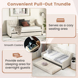 Single Size Trundle Bed Linen Upholstered Daybed with Backrest-Beige