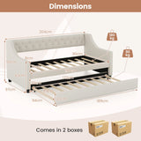 Single Size Trundle Bed Linen Upholstered Daybed with Backrest-Beige