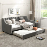 Single Size Trundle Bed Linen Upholstered Daybed with Backrest-Grey
