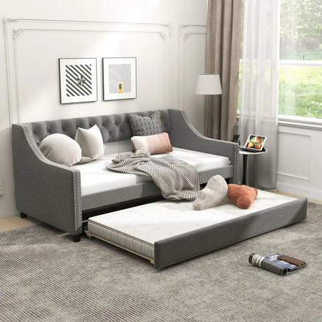 Single Size Trundle Bed Linen Upholstered Daybed with Backrest-Grey