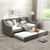 Single Size Trundle Bed Linen Upholstered Daybed with Backrest-Grey