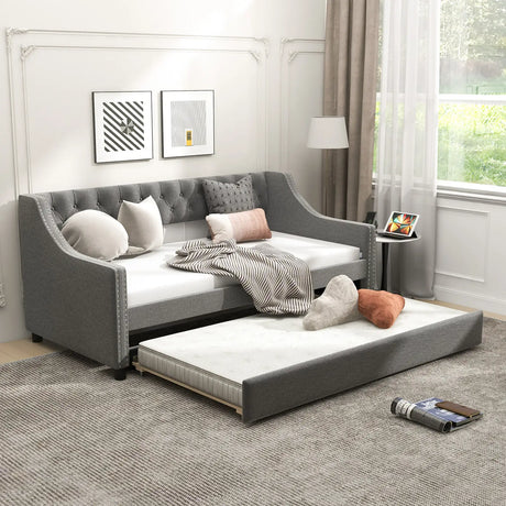 Single Size Trundle Bed Linen Upholstered Daybed with Backrest-Grey