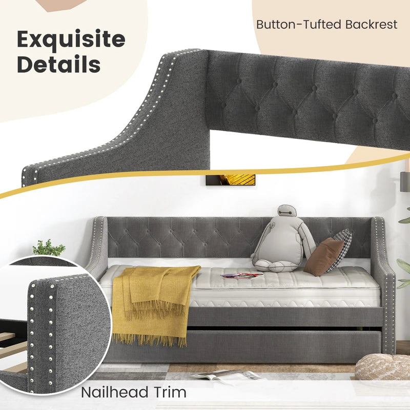 Single Size Trundle Bed Linen Upholstered Daybed with Backrest-Grey