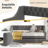 Single Size Trundle Bed Linen Upholstered Daybed with Backrest-Grey