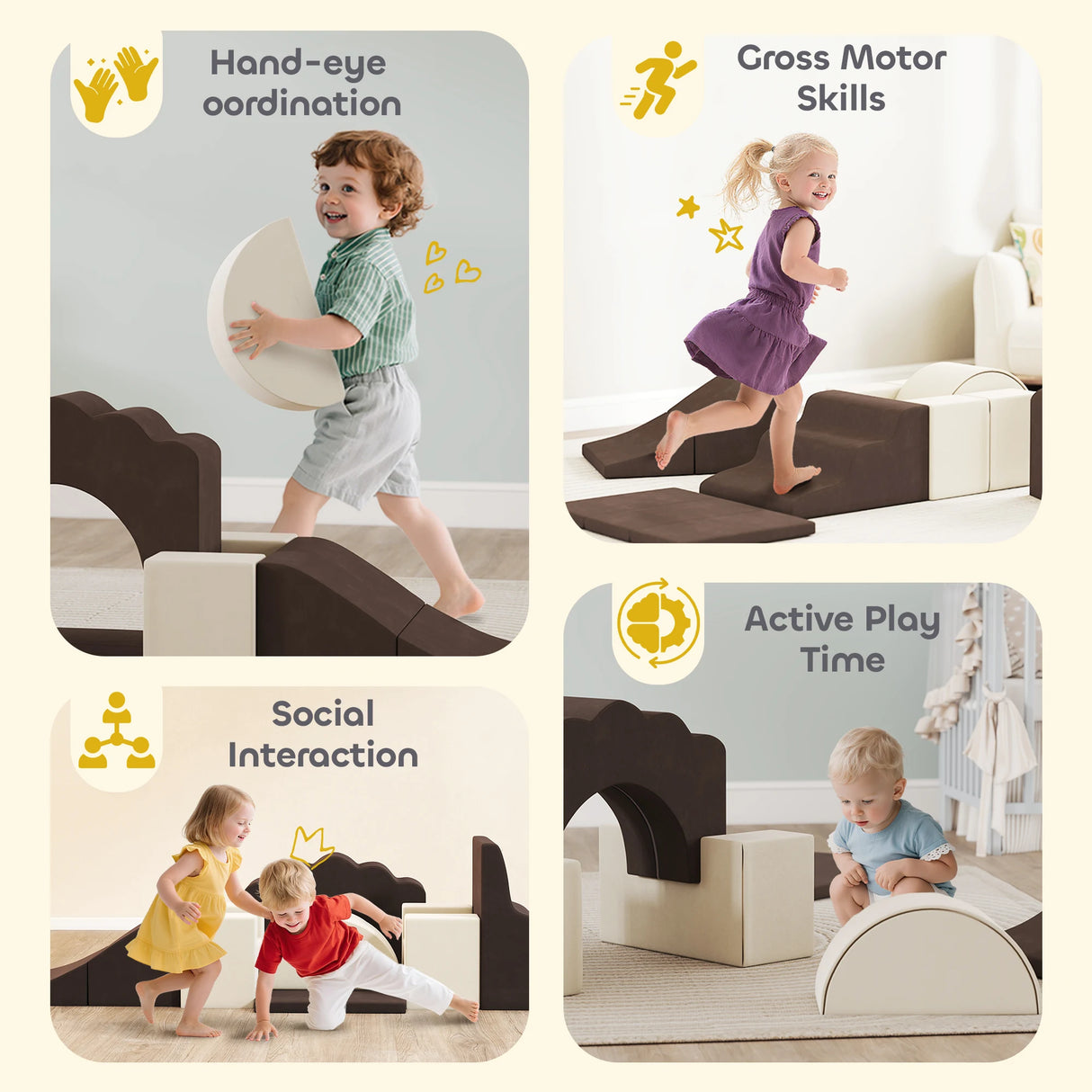 AIYAPLAY 7 Piece Kids Soft Play Set with Detachable Cover, Baby Indoor Climb and Crawl Foam Toy for Toddlers, Preschoolers, Brown