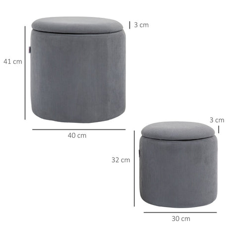 HOMCOM Set of Two Corduroy Storage Ottomans - Grey