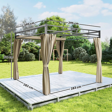 Outsunny 3 x 3 m Pergola with Retractable Roof Canopy and Curtains, UPF30+ Metal Frame Garden Pergola Gazebo Sun Shade, Khaki