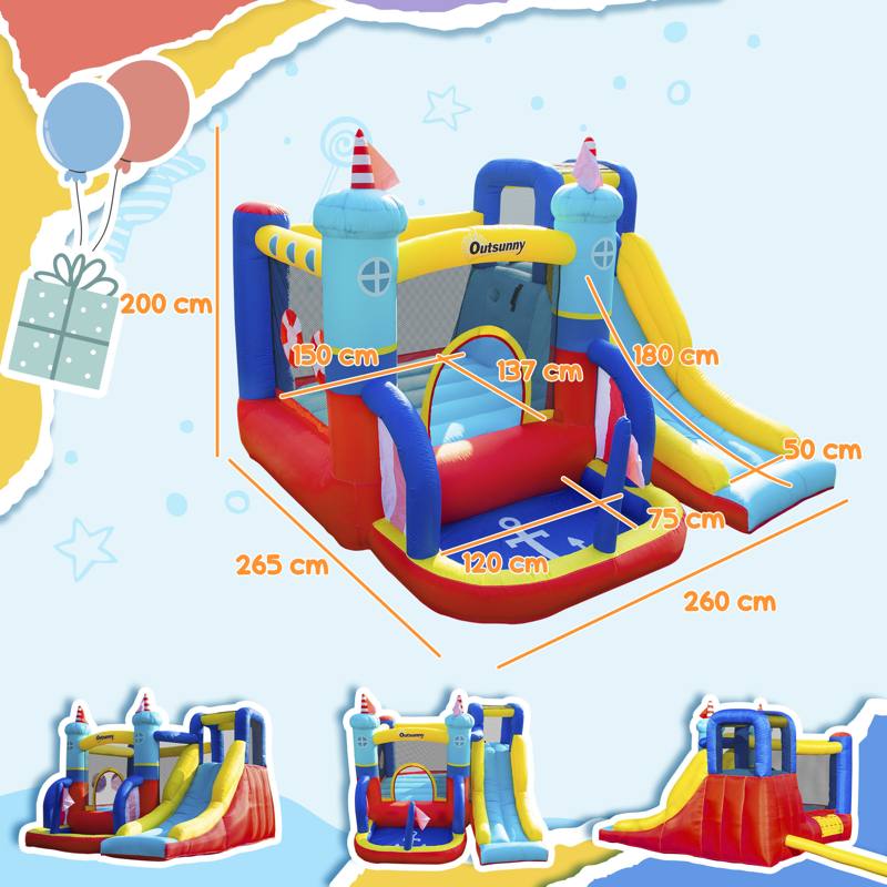 Outsunny 4 in 1 Kids Bouncy Castle Large Sailboat Style Inflatable House Slide Trampoline Water Pool Climbing Wall with Blower Carrybag for Kids Age 3-8, 2.65 x 2.6 x 2m