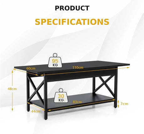2-Tier Industrial Coffee Table for Living Room Bedroom Office-Black