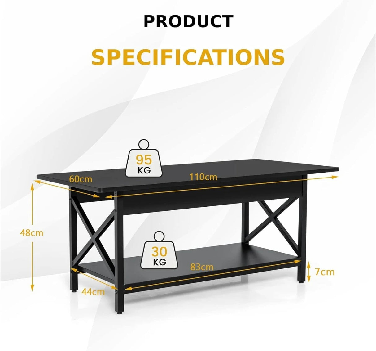 2-Tier Industrial Coffee Table for Living Room Bedroom Office-Black