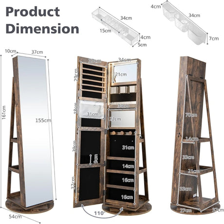 360 Rotating Mirrored Jewelry Cabinet Armoire 3 Color LED Modes Lockable-Brown