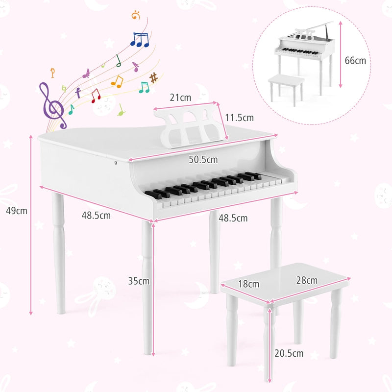 30-Key Wood Toy Kids Grand Piano with Bench and Music Rack-White