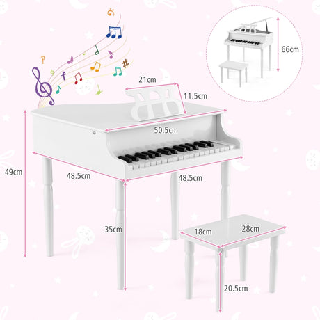 30-Key Wood Toy Kids Grand Piano with Bench and Music Rack-White