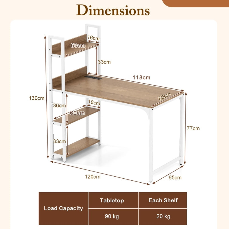 Computer Desk with Power Strip 120 CM Study Writing Desk with Bookshelf-Natural