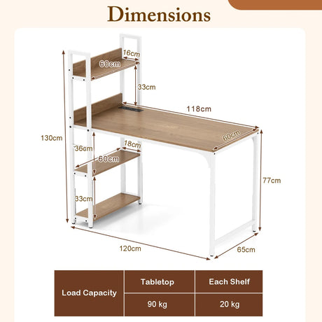 Computer Desk with Power Strip 120 CM Study Writing Desk with Bookshelf-Natural